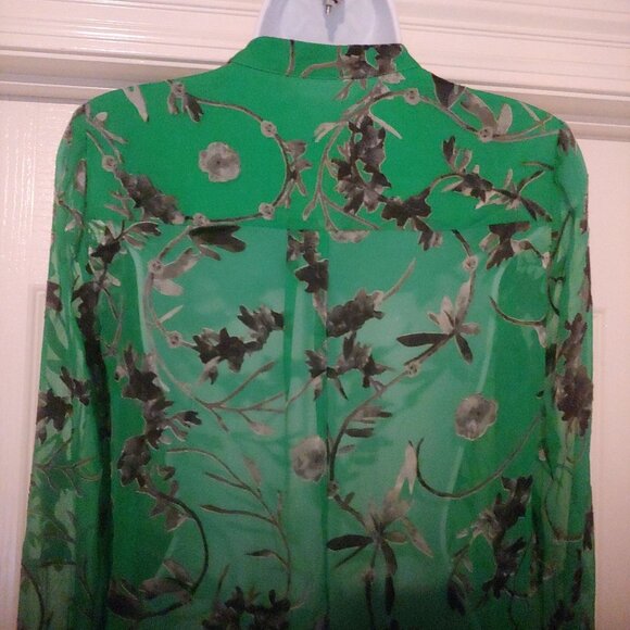 Alice & Olivia Burnout Velvet L-Sleeve Kelly Green/Grey Whimsy Sheer Blouse XS - Picture 9 of 13